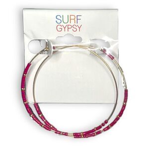 Surf Gypsy Large Red Seed Bead Hoop Earrings 2.75" NWT Gold Tone Boho Statement